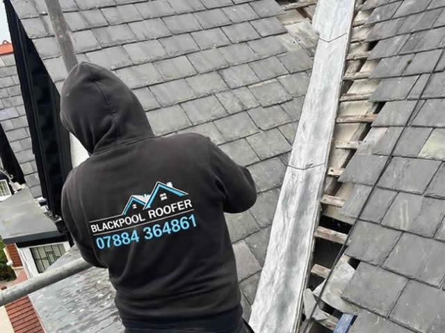 New lead valley installed on slate roof in Blackpool